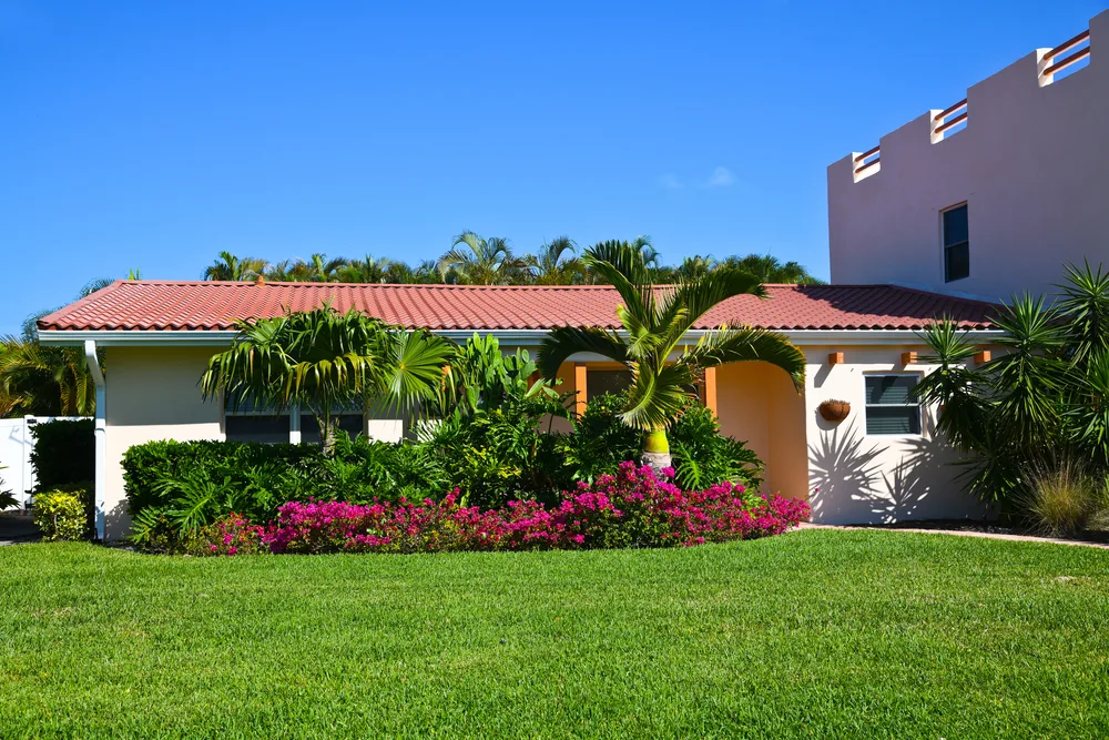Home with a trimmed lawn, palms and flowering bougainvillea